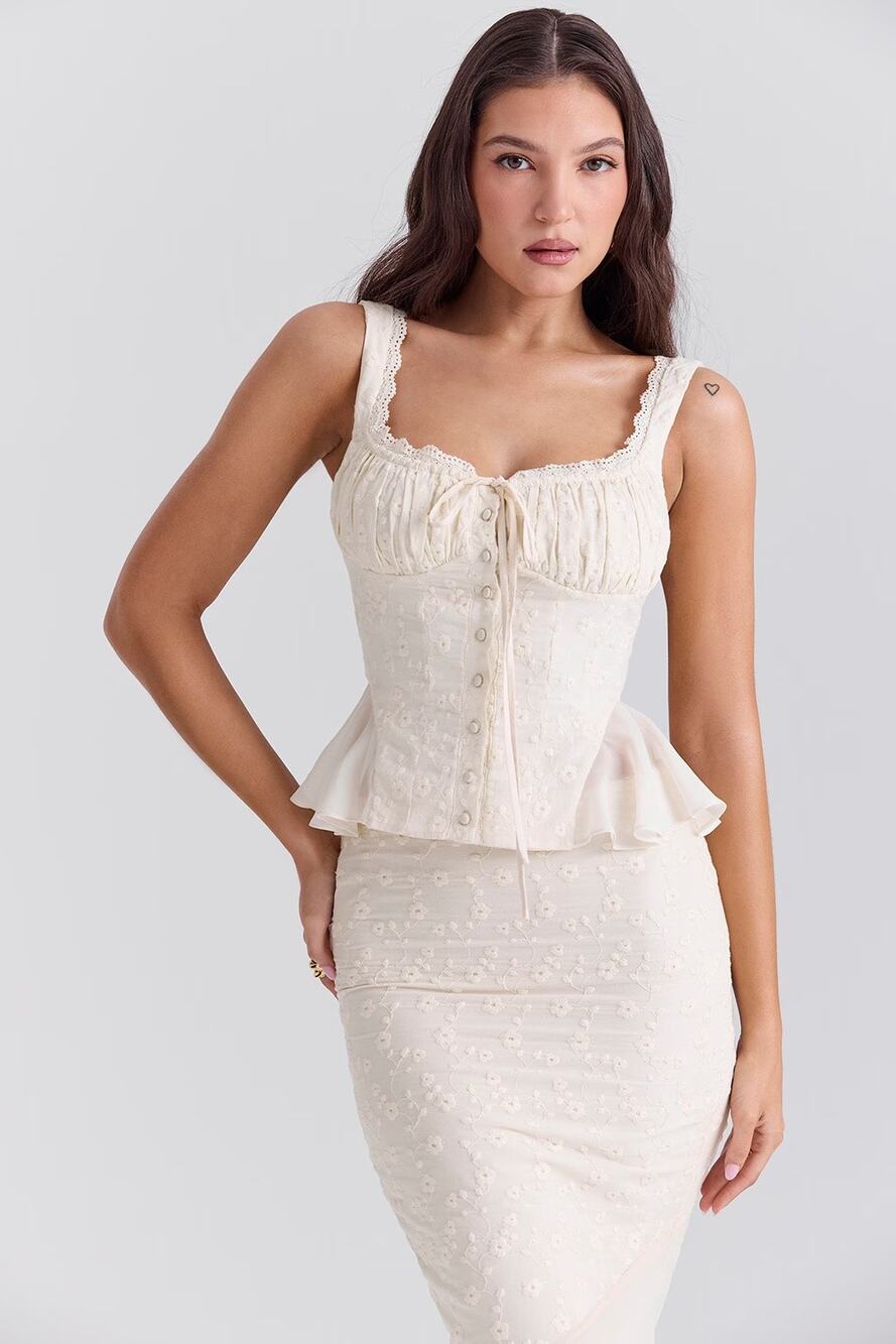 House of CB 'Jean' vintage cream cotton broderie anglais peplum top